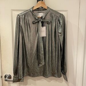 SEN NWT Metallic Silver Blouse with Tie Neck